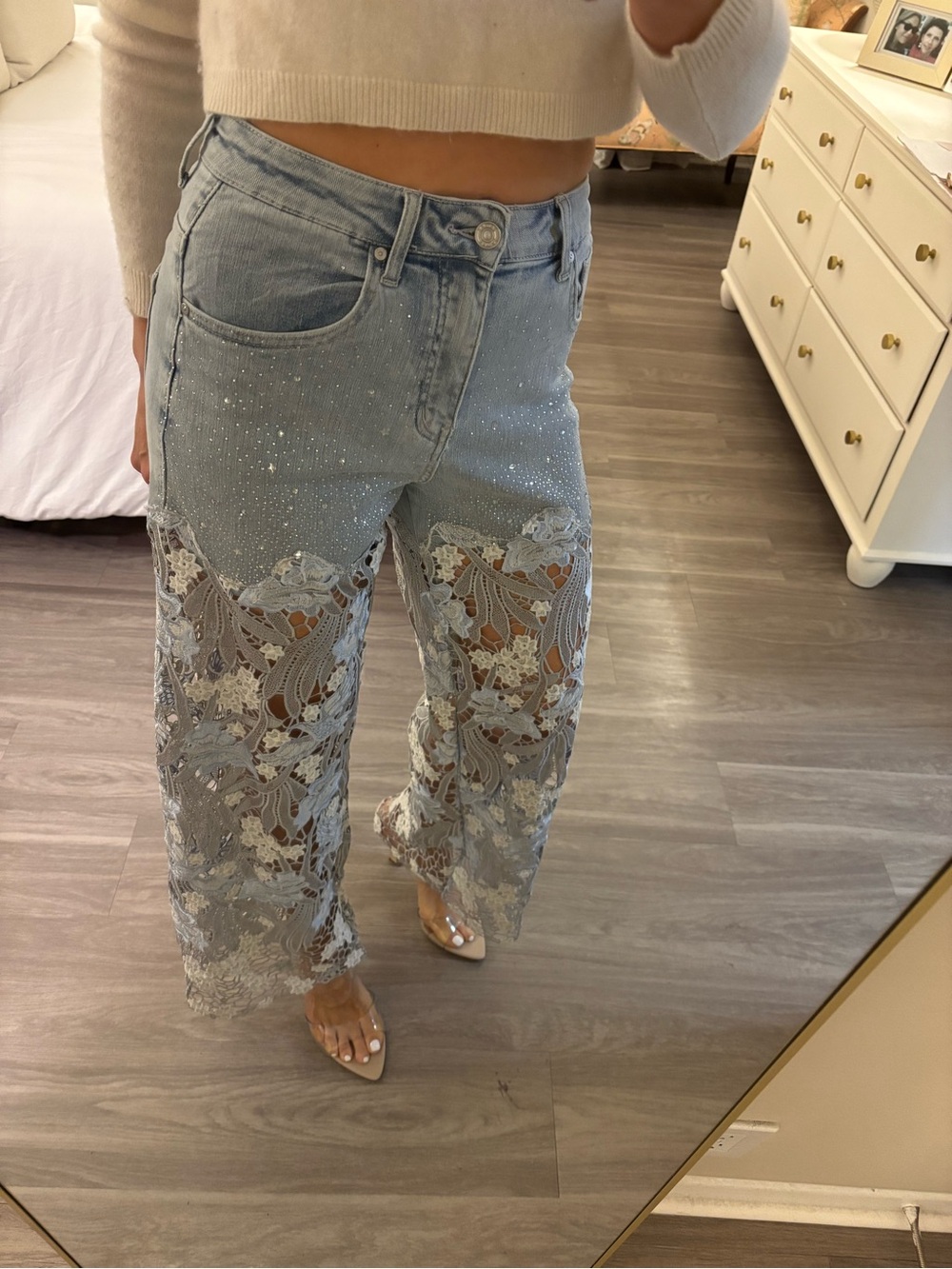 ✨ BAYEAS High Rise Rhinestone Lace Wide Leg Jeans - 27 - Picture 2 of 16
